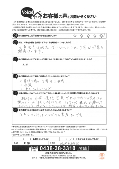 川崎市多摩区で屋根工事を行ったお客様の声　工事後アンケート